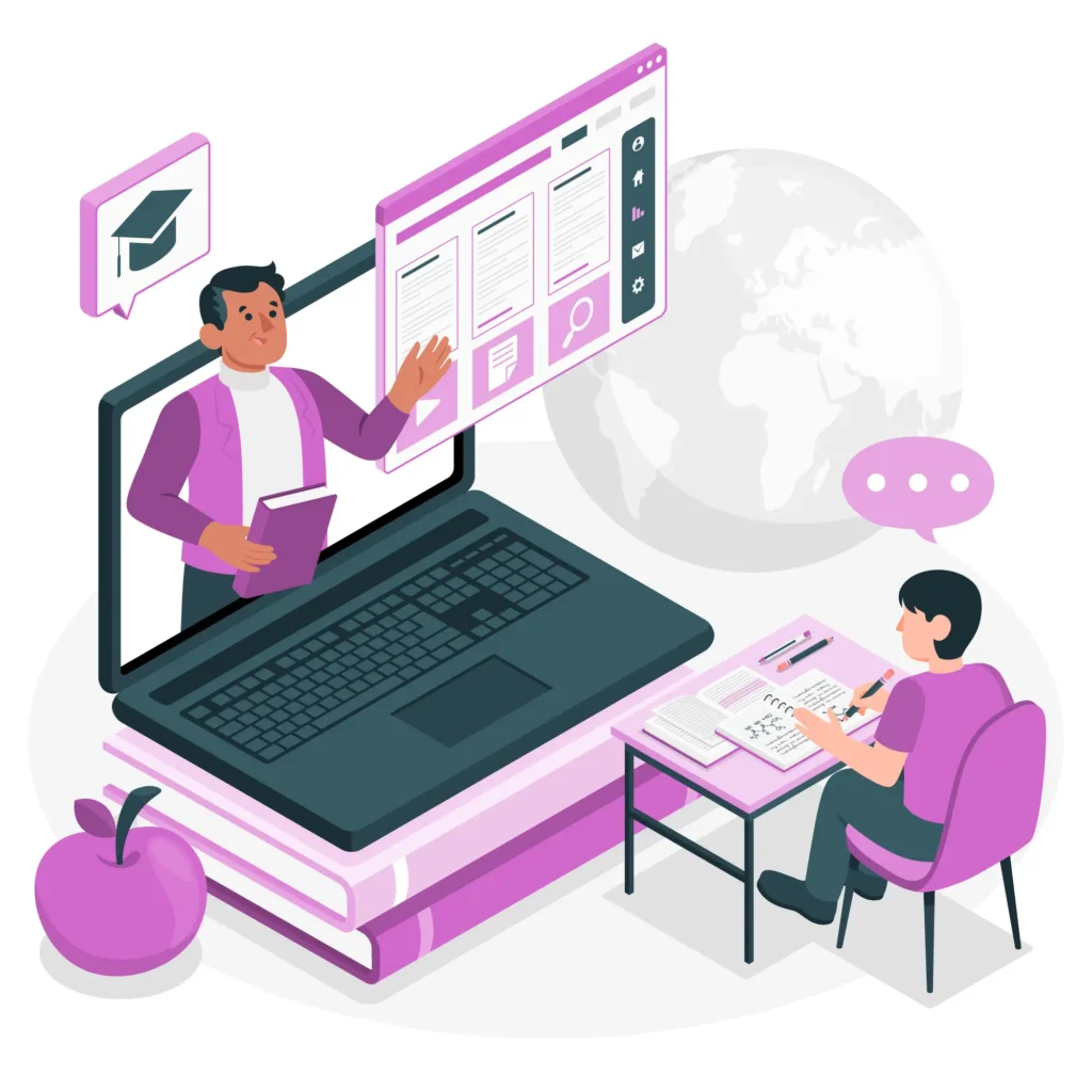 Vector illustration of e-learning. A young boy learning on his laptop from his workspace and a teacher teaching from a larger screen