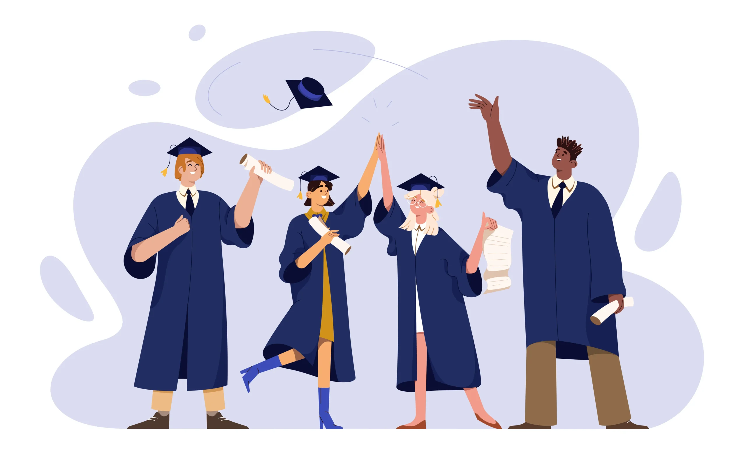 Illustration of college students celebrating by tossing their graduation caps as they graduate