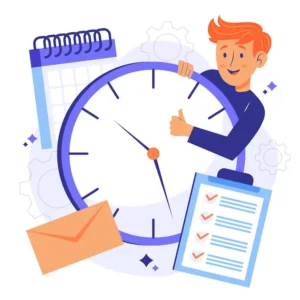 Illustration of a boy pointing at a clock, with other task and planning tools around him, signifying effective time management.